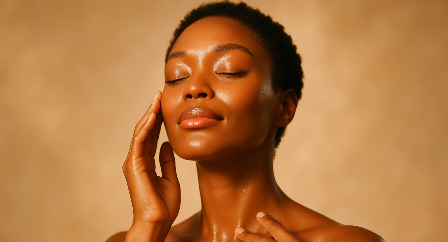 FREEDOM IN A BOTTLE. Create an image of a woman whose skin is glowing, she is free, she is sexy, she is touching her skin with confidence.